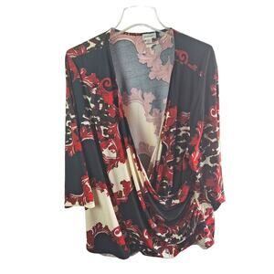 Avenue Women 5x Red/Black Swirl Print Faux Wrap Slinky Blouse Top